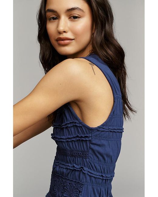 By Anthropologie Blue Smocked Lace Tank Top
