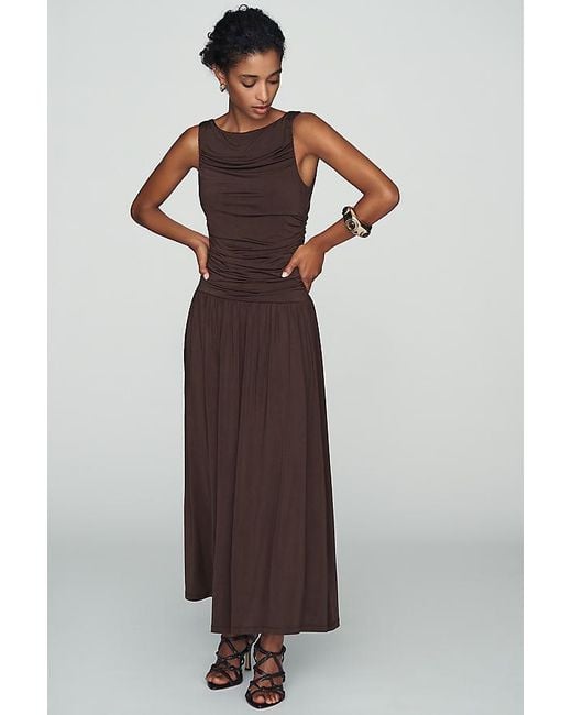 By Anthropologie Brown Sleeveless Boat-Neck Drop-Waist Maxi Dress