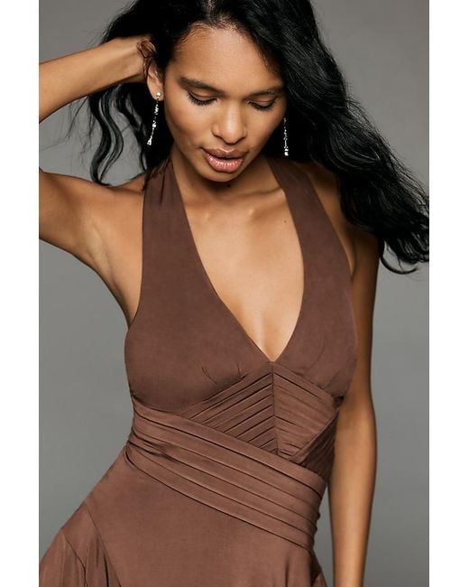 By Anthropologie Gray Knit Plunge Halter Mini Dress