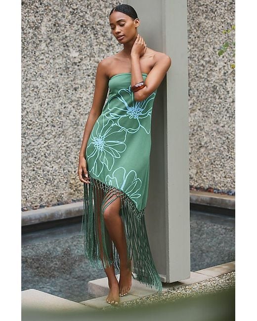 Celandine Green Asymmetrical Fringed Bandeau Midi Dress