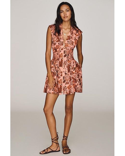 By Anthropologie Orange The Tommie Cap-Sleeve Smocked Front-Zip Shirt Dress: Mini Denim Edition