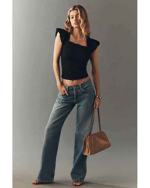 Maeve Black Flutter-Sleeve Square-Neck Top