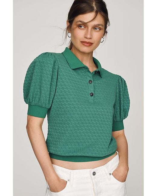 Maeve Green Puff-Sleeve Collared Top