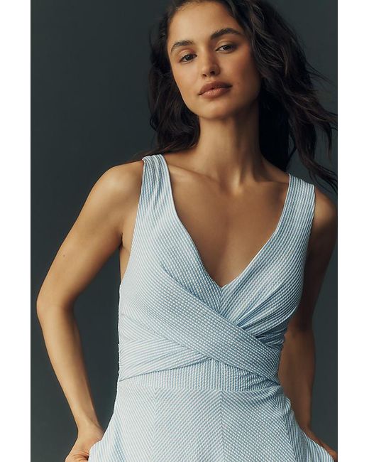 Maeve Blue Sleeveless V-Neck Stripe Seersucker Midi Dress