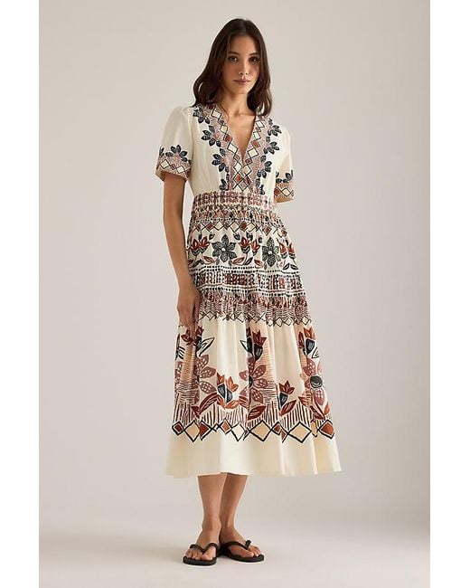 Farm Rio Natural Anika Short-Sleeve Midi Dress