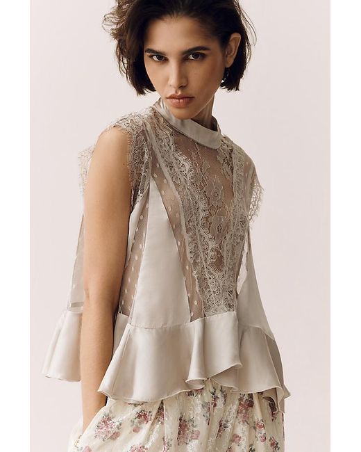 By Anthropologie Natural Sheer Lace Peplum Blouse