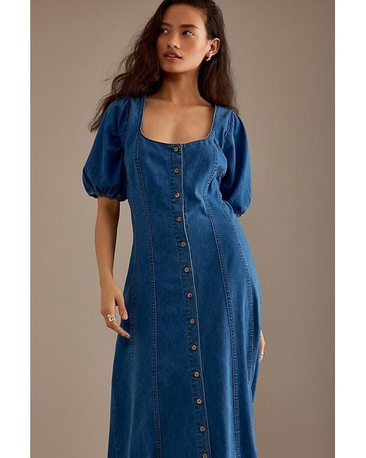 Nobody's Child Blue Puff-sleeve Denim Midi Dress