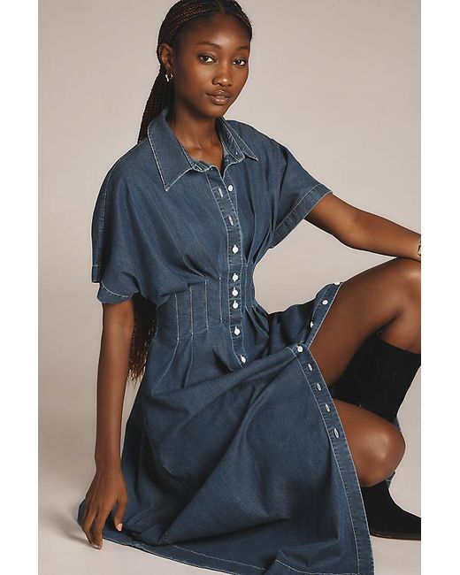 Exquise Blue The Tobie Button-Front Pleated Shirt Dress By : Denim Edition