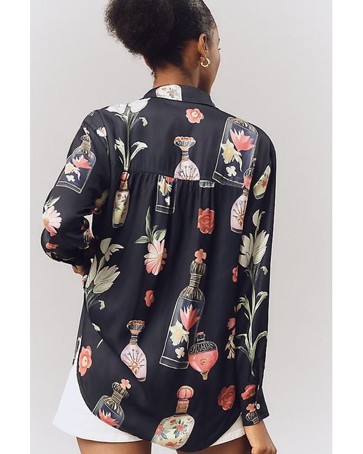 By Anthropologie Gray Relaxed Long-Sleeve Floral Shirt
