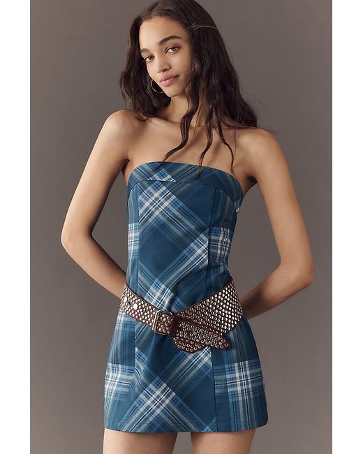 Aston Studio Blue Kaia Strapless Linen Cotton Mini Dress