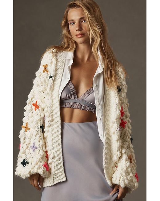 By Anthropologie Brown Chunky-Knit Bubble-Sleeve Cardigan