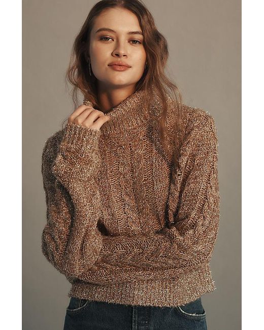 Pilcro Brown Shine Cable-Knit Roll-Neck Jumper