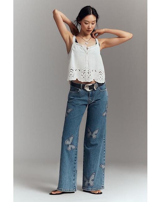 Pilcro Blue Butterfly Low-Slung Wide-Leg Jeans