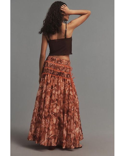 By Anthropologie Brown Sheer Tie-side Tiered Maxi Skirt