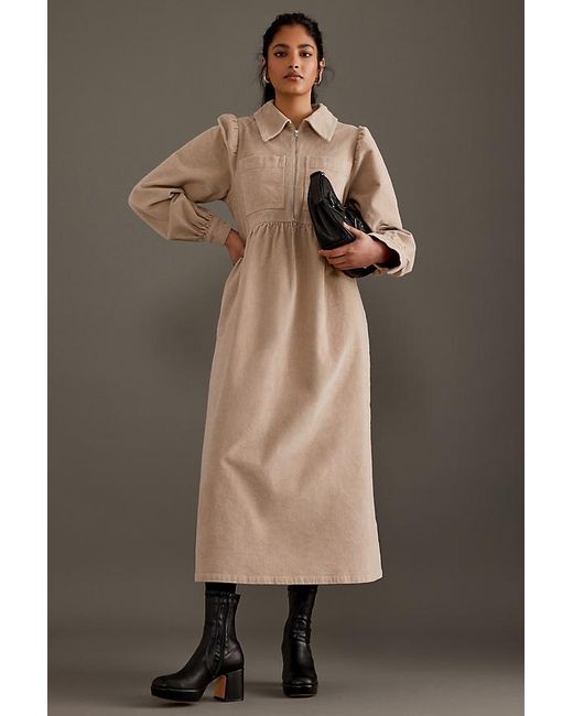 ALIGNE Brown Gabriella Long-sleeve Zip-front Corduroy Midi Dress
