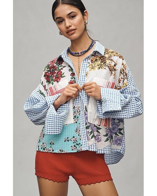 Maeve Gray Long-Sleeve Patchwork Tea Towel Buttondown Shirt