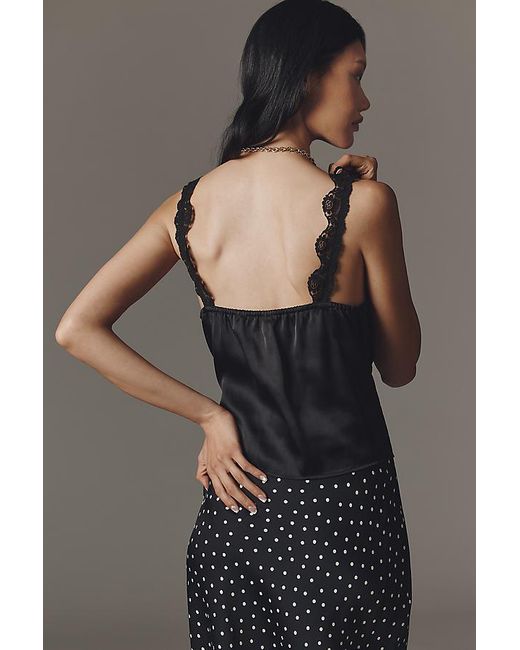 By Anthropologie Black Silky Lace-Trim Tank Top