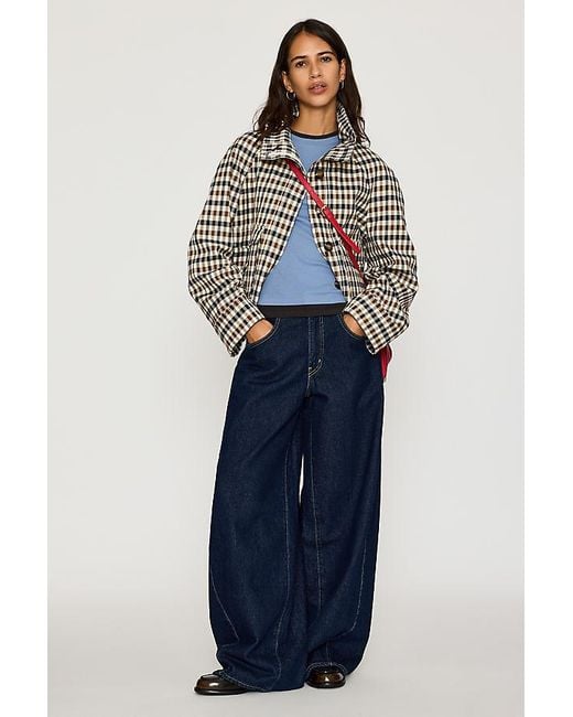 By Anthropologie Blue Check Cropped Trench Coat