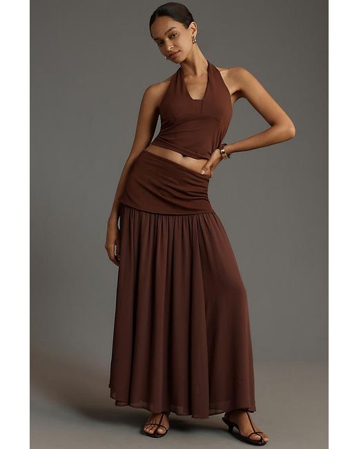 By Anthropologie Brown Dropped Yoke-Waist Sheer Maxi Skirt