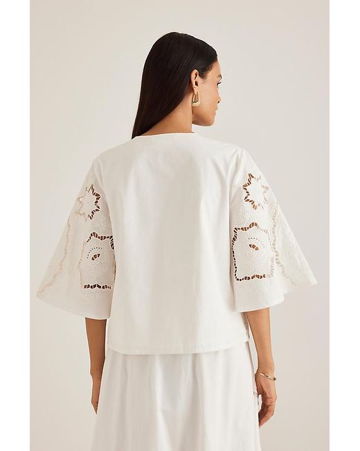 By Anthropologie Natural Cutwork Poplin Tie-Front Blouse