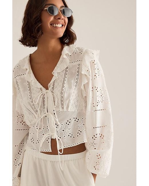 By Anthropologie White Ruffle Embroidered Tie-Front Blouse