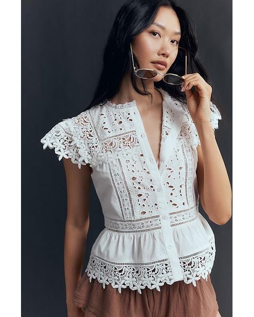 By Anthropologie Blue Sleeveless High-Neck Lace-Inset Blouse