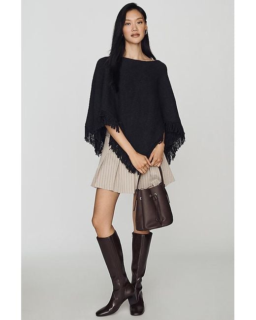 By Anthropologie Blue Knit Fringe Triangle Poncho
