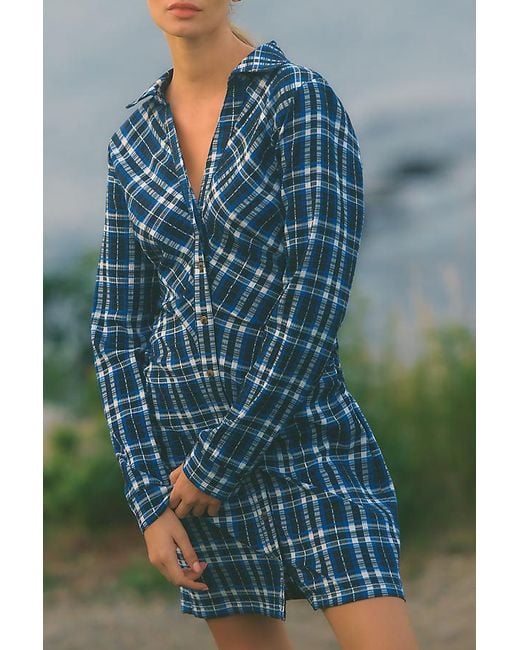 Pilcro Blue Ruched Mini Shirt Dress