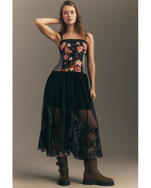 Maeve Multicolor Sleeveless Corset Twofer Sheer Midi Dress