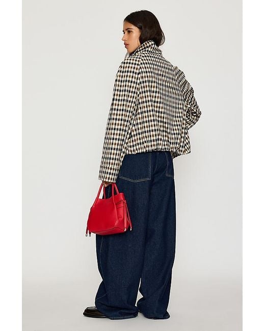 By Anthropologie Blue Check Cropped Trench Coat