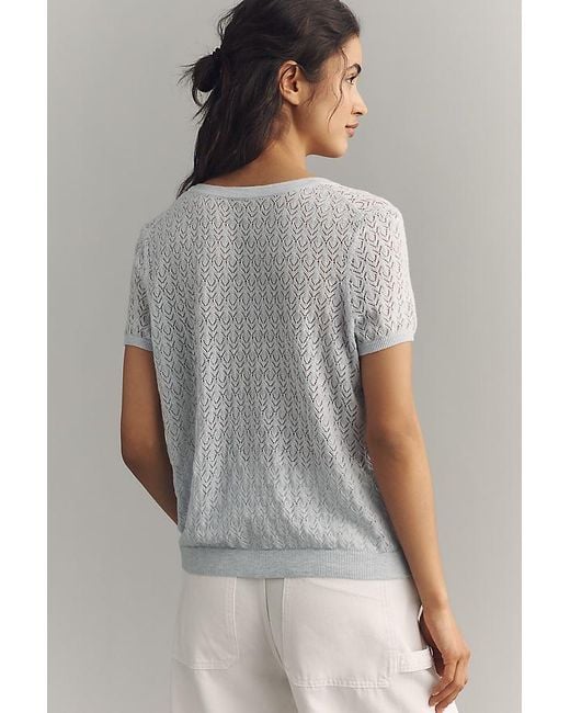 By Anthropologie Gray The Juliet Pointelle Short-Sleeve Cotton-Blend Cardigan