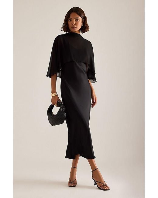 By Anthropologie Black Casey Cape Overlay Satin Midi Dress