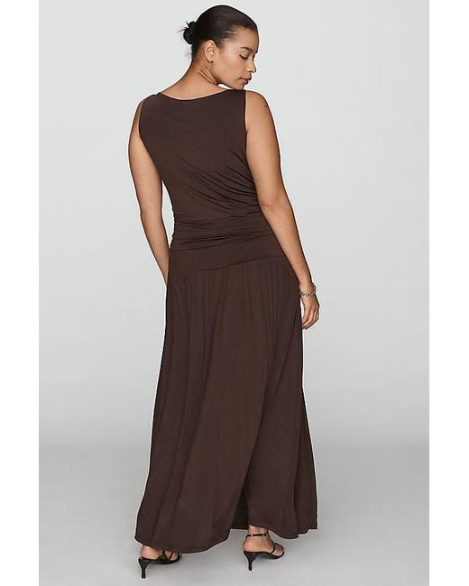 By Anthropologie Brown Sleeveless Boat-Neck Drop-Waist Maxi Dress