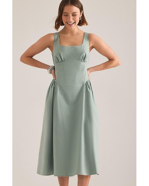 By Anthropologie Green Livy Cotton-Linen Hourglass Midi Dress