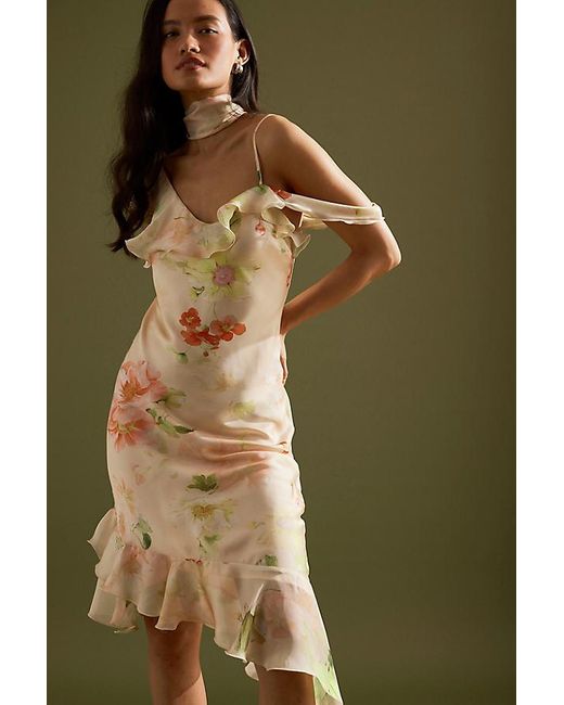 By Anthropologie Green Asymmetric Scarf Ruffle Slip Midi Dress