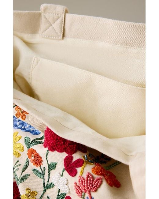 By Anthropologie Multicolor Beaded Flower Truck Canvas Tote Bag