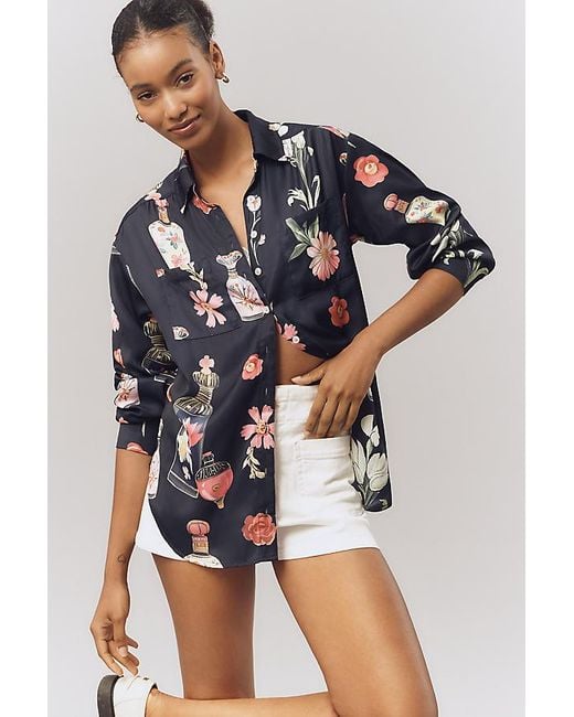 By Anthropologie Gray Relaxed Long-Sleeve Floral Shirt