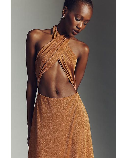AFRM Brown Kendrick Sparkle Cross-Front Halter Maxi Dress