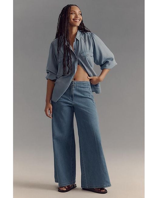 Maeve Blue Scallop-Edge High-Rise Wide-Leg Jeans