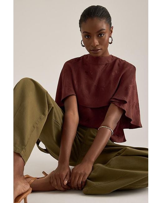 By Anthropologie Brown Floral Jacquard Cape Top
