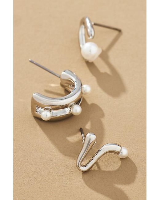 By Anthropologie Pearl Huggie Hoop Earrings, Set Of in Natural