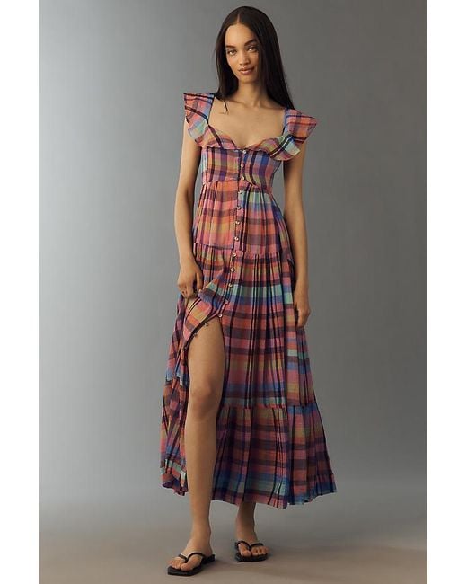 Pilcro White Flutter-Sleeve Button-Front Tiered Maxi Dress