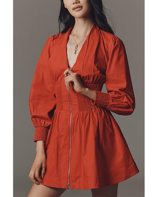 By Anthropologie Red The Tommie Smocked Front-Zip Shirt Dress: Long-Sleeve Mini Edition