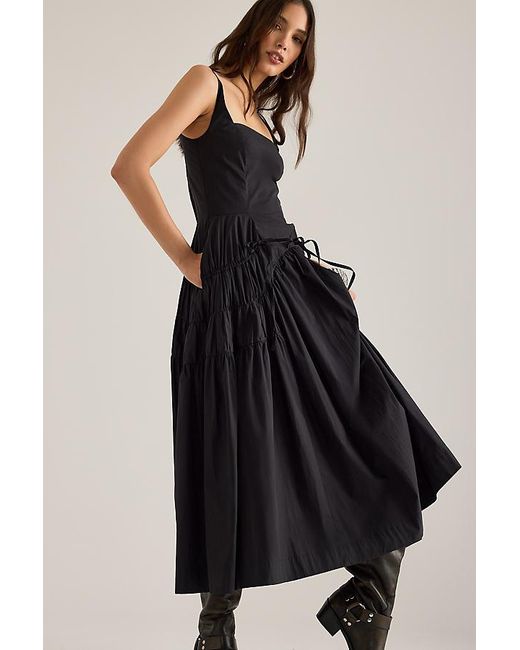 By Anthropologie Black Ruched Bow Midi Pinafore Dress