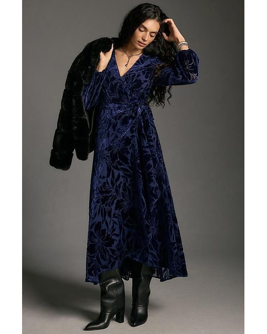Hutch Blue Long-sleeve Floral Velvet Wrap Maxi Dress