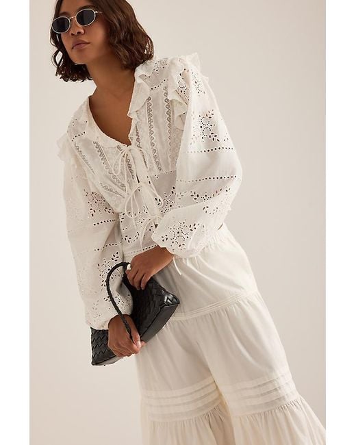 By Anthropologie White Ruffle Embroidered Tie-Front Blouse