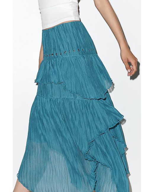 By Anthropologie Blue Asymmetric Tiered Maxi Skirt