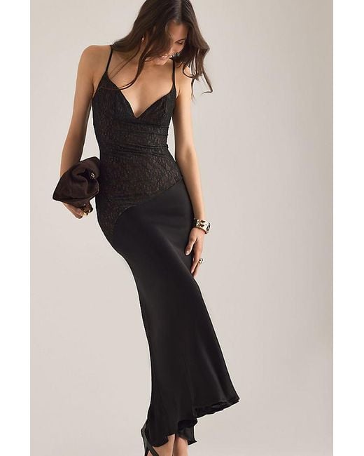 Bardot Black Aralia Satin Lace Asymmetric Maxi Dress