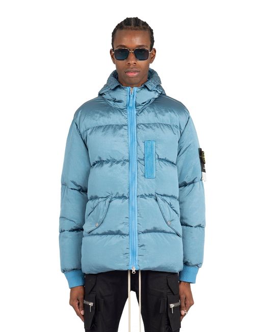 Stone Island Mid Blue Hooded Down Jacket For Men Lyst Uk