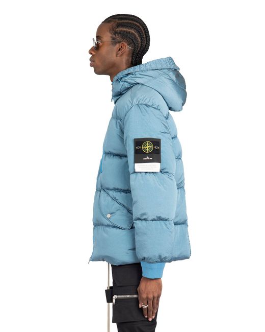 Stone Island Mid Blue Hooded Down Jacket For Men Lyst Uk